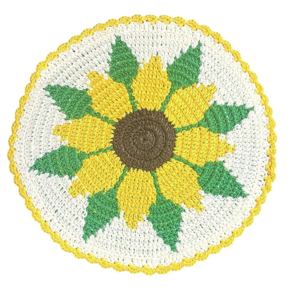 Set of 4 Handmade Crochet Floral Placemats Round Yellow Cream Green 13